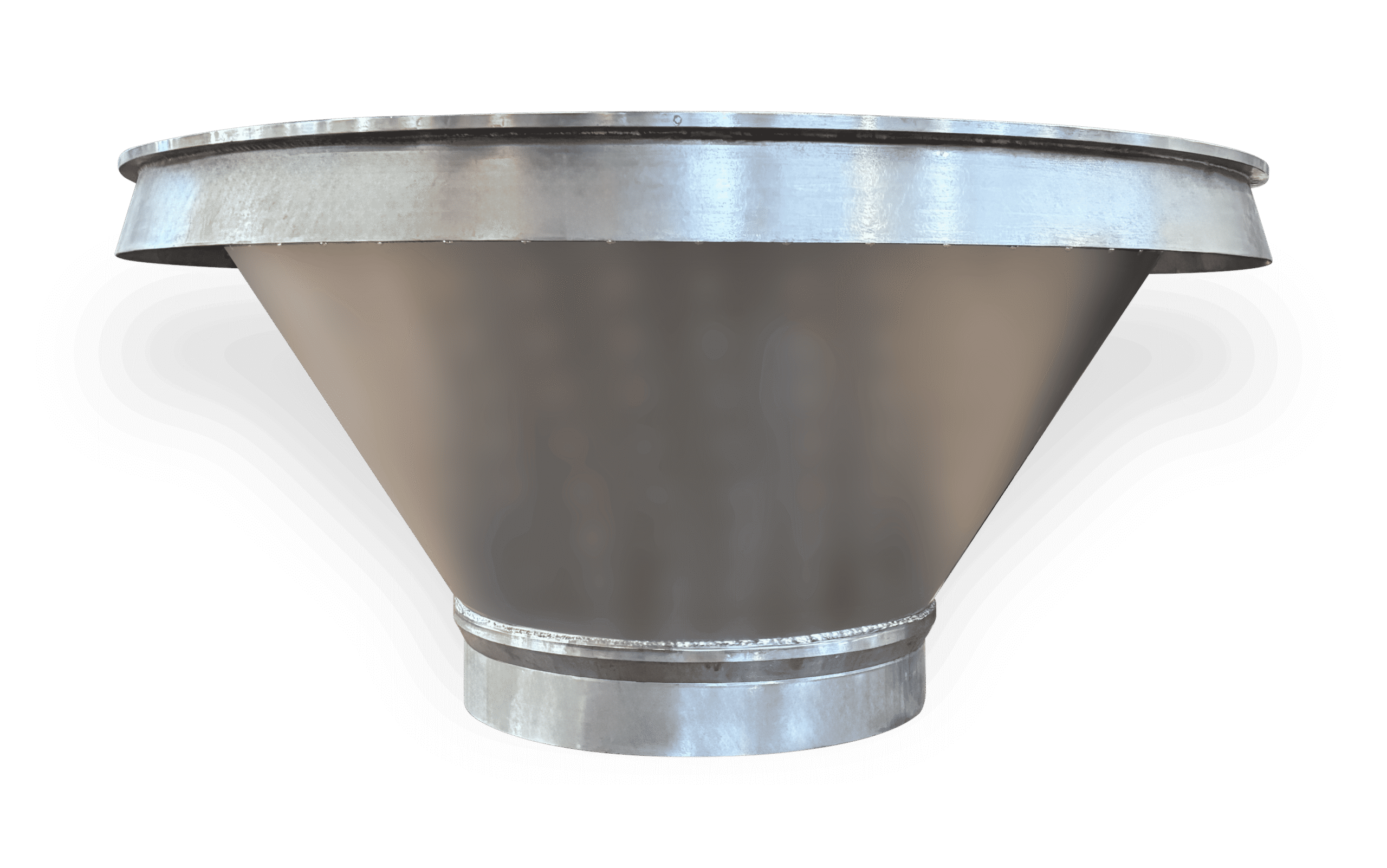 Industrial metal funnel with a wide top and narrow bottom against a black background, used to guide liquids or powders.
